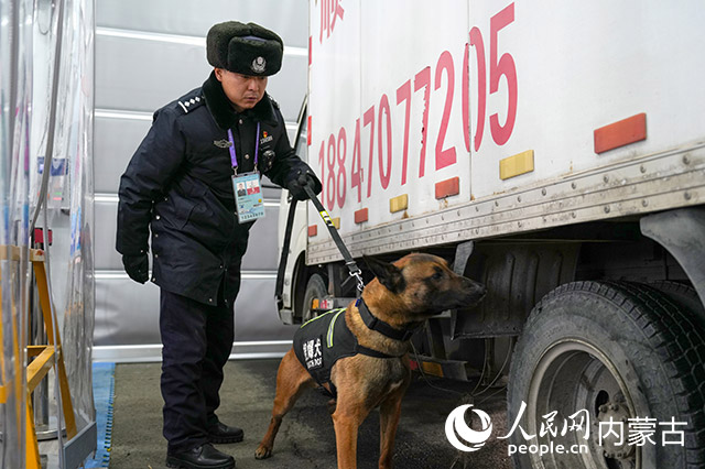 呼伦贝尔边境管理支队“巴尔虎突击队”民警叶朝勒门带领警犬，对比赛场馆内全部区域开展安全检查和危爆物品排查。公文博摄